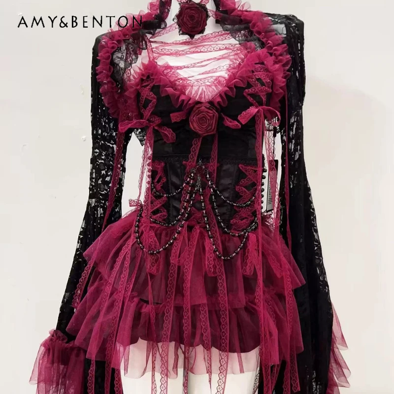 

Original Design Black Red Bead Chain Shawl Women's Smock Goth Waist Lace Hollow Out Sling New Sweet Lolita Hot Girl Suit Ladies