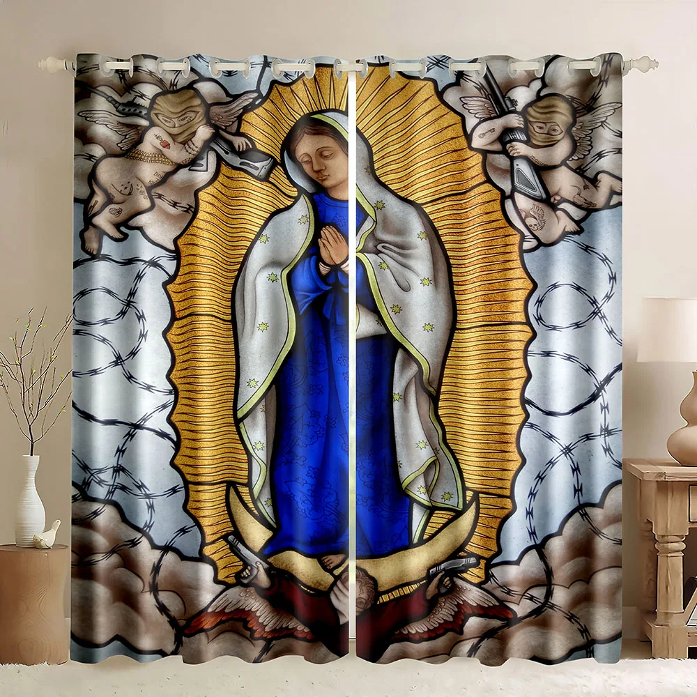 Virgin Mary Our Lady of Guadalupe Blackout Curtain,Mexican Saint Virgin Mary,Religious Theme Christianity Window Curtains