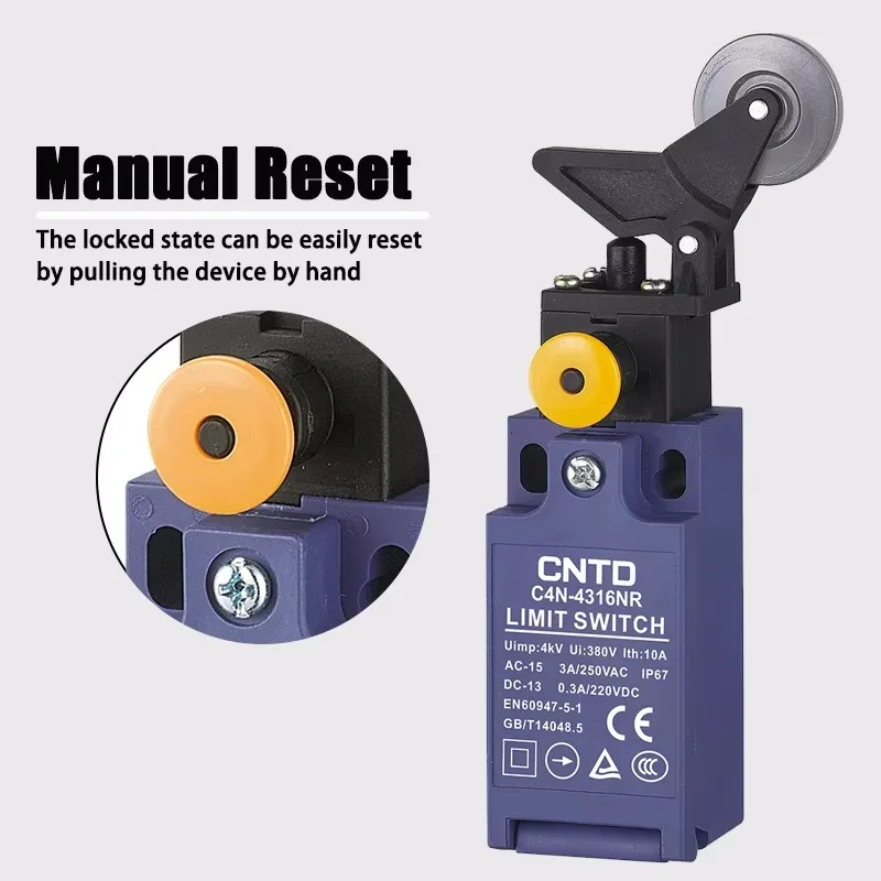 CNTD C4N-4316NR IP67 Vertical Safety Limit Switch SPDT Contact Screw Terminals Quick-Action Roller Lever Manual Reset 250Vac Max
