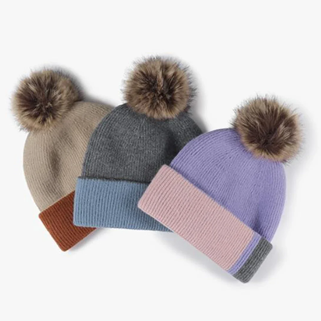 Cute Fur Pompom Beanies for Women Girls Bicolor Knit Winter Hats Thick Double Layers Fleece Lined Winter Skullier Snow Cap