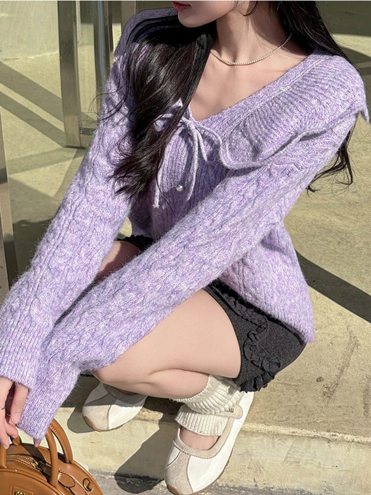 Moda coreana gola de boneca camisola mulher inverno babados arco malhas pullovers outwear malha topos bege roxo jumper feminino