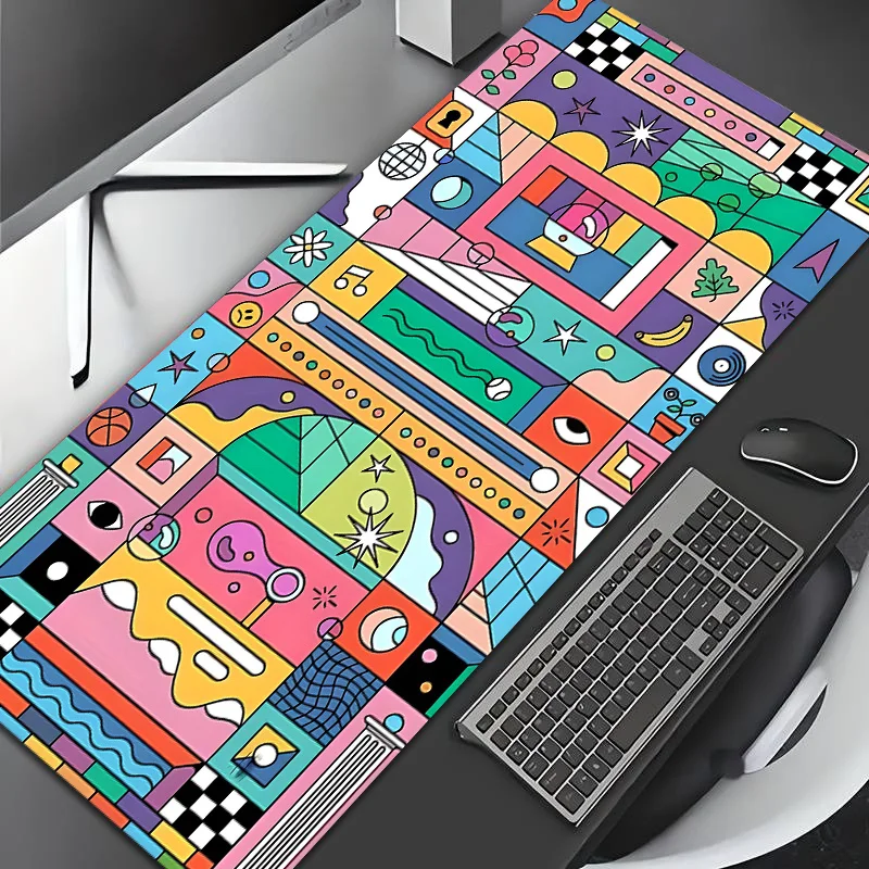 1pc Diatomaceous Earth Extra Large Mouse Pad, Memphis Style Fun Colorful Geometric Patchwork Pattern, Non-Slip Rubber Base, Smooth Surface, Machine Washable