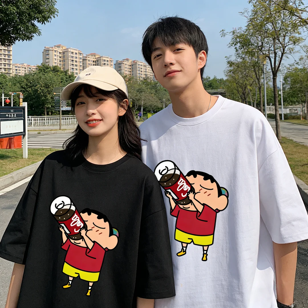 

2026 New Soda Cola Shinchan Print Couple T-Shirts Cute Anime Cartoon Family Matching Outfits Tees Casual Cotton Short Sleeve Top