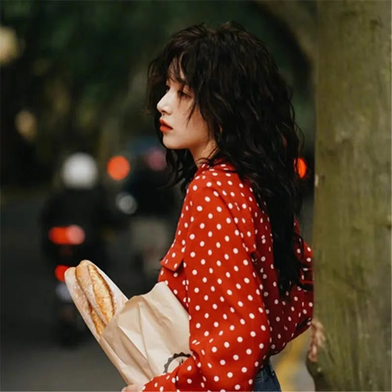 Clothland Women Fashion Red Polka Dot Blouse Notched Collar Long Sleeve Classic Shirt Female Office Wear Tops Mujer LB275