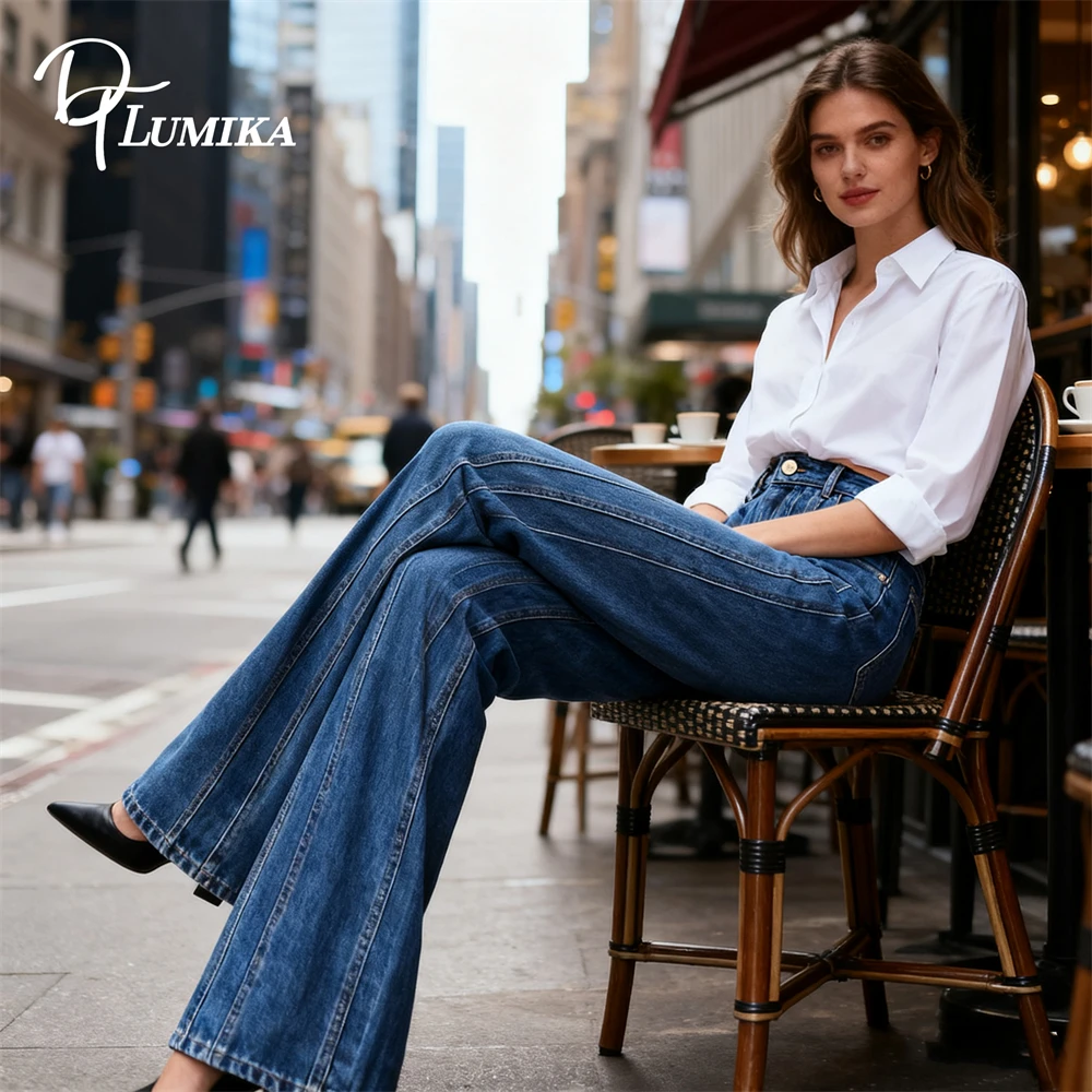 

DTLumika Designer Denim Jeans Flare Long Trousers for Women, Spring Autumn Fashionable Pants