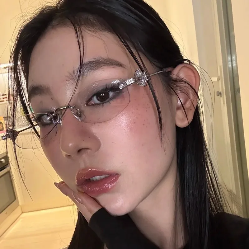 نظارات واقية 3 قطع للنساء على شكل مضلع نظارات شمسية ماسية عصرية بدون إطار نظارات معدنية للنساء نظارات للسفر في الهواء الطلق