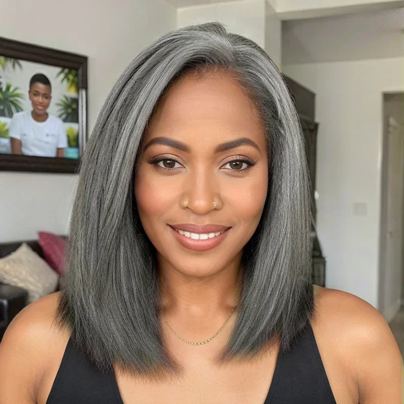 Brazilian Salt And Pepper Kinky Straight Human Hair Bob Wig 5x5 Glueless Closure Wig Transparent Lace Frontal Wig Preplucked