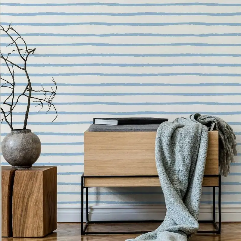 

Abstract Stripes Wallpaper Roll,Geometric Peel and Stick Wallpaper,Blue On White Color, Non-woven Wall Mural For Living Room