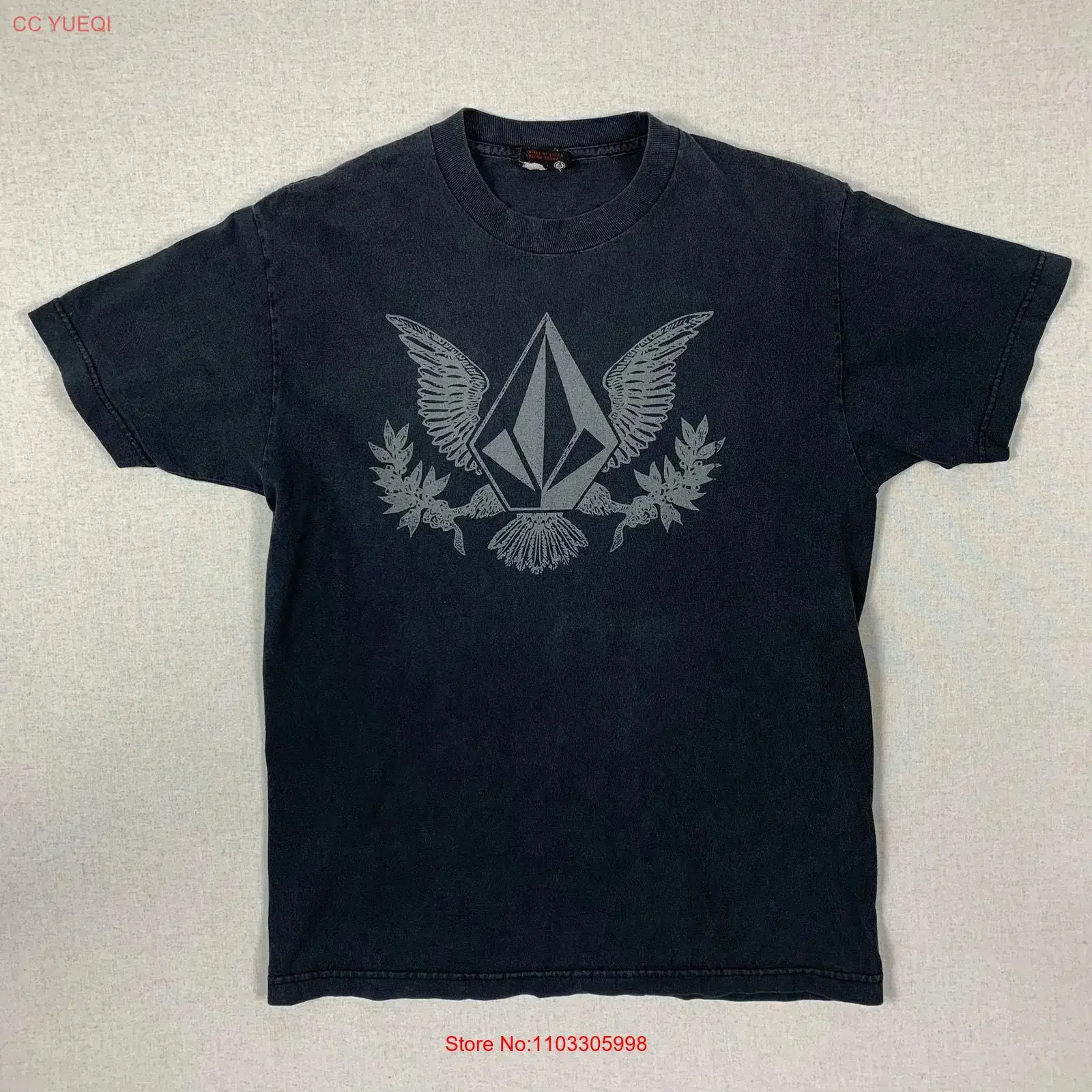 Camiseta Vintage Black Eagle Volcome Stone M Y2K, ropa de calle lavada vintage para hombre, informal, transpirable, ligeramente versátil