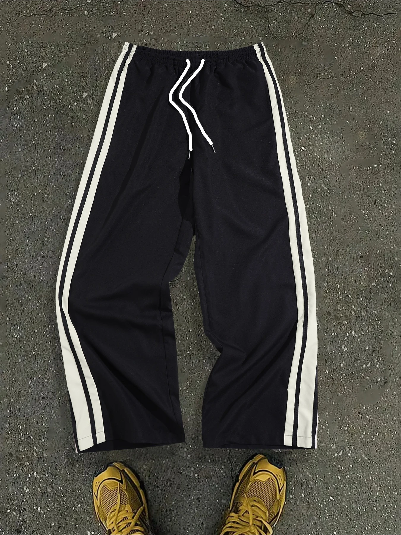 Summer Women's Black Side Double White Stripe Printed Drawstring Wide Leg Sweatpants Summer Loose Straight Casual Unisex Pants