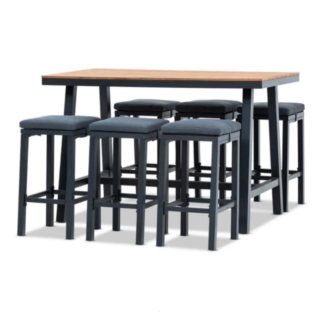 Popular New Style Garden Aluminum Bar Dining Table Set 7-piece Aluminum Outdoor Patio Bar Stool Set With Plastic Wood Table Top