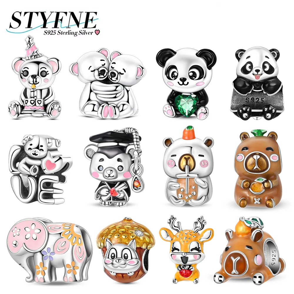 Animal Original Charms 925 Silver Pink Cute Bear Capybara Elephant Squirrel Panda Beads Bracelet Jewelry Party DIY Trendy Gifts