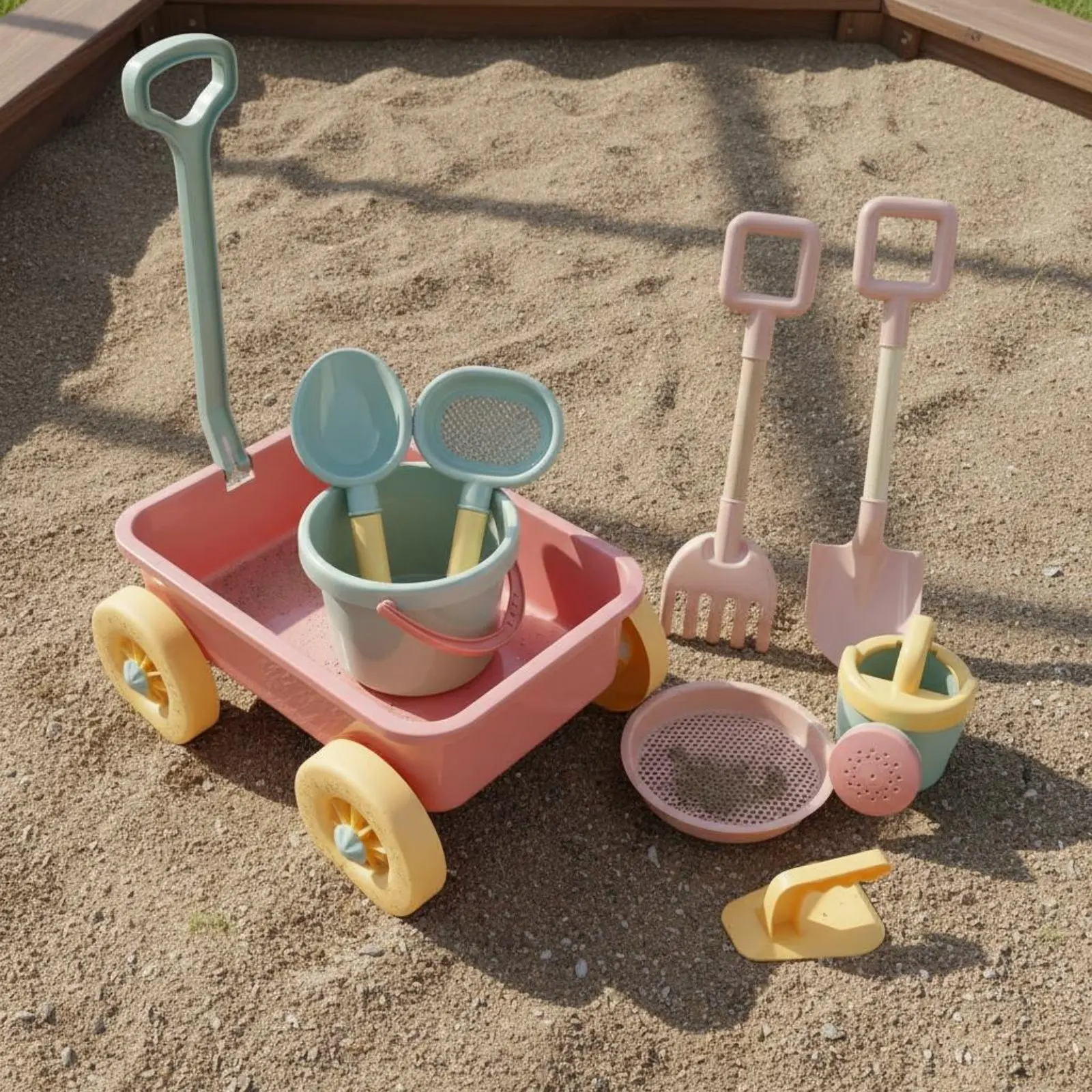 9 Pieces Children's Beach Cart with Shovel and Pail Easy to Carry Kids Sand Toy Cart with Accessories for Young Children