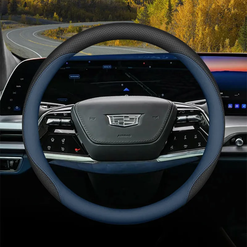 New For Cadillac Car Steering Wheel Cover Perforated Napa Leather Comfort Grip 15Inch All Seasons Steering Wheel Protector