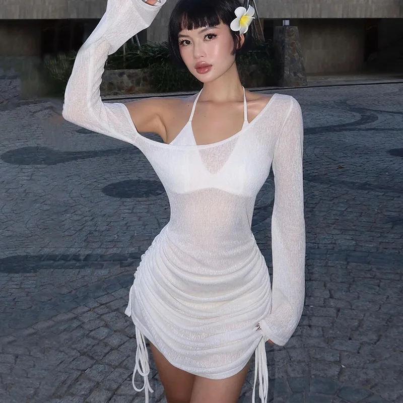 

2025 New Spring/Summer Sexy Fashion Shirred Cover-Up Sheer Asymmetric Neckline Beach women Dress.