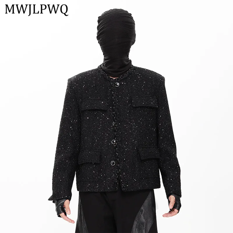 

MWJLPWQ High-End Short Collarless Jacket Male Elegant High Street Single Breasted Niched Design Autumn Black Casual Tops 11464