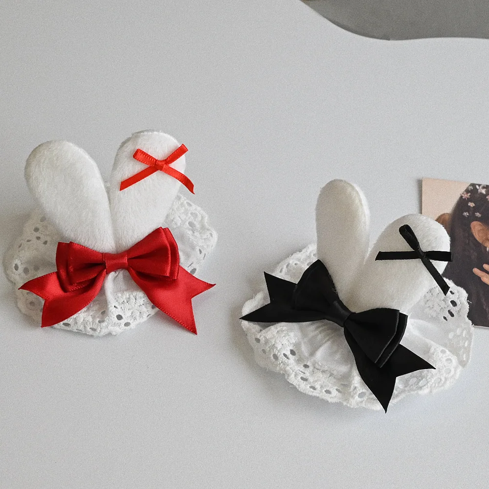 1pc Cute Plush Bunny Ear Lace Hair Clips for Women Red Black Satin Bow Barrettes Sweet Lolita Cosplay Party Hair Accessories