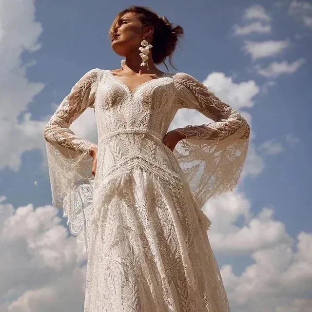Vestidos de casamento vintage personalizados para mulheres 2025v-pescoço sem costas vestidos de noiva bohemia mangas alargadas rendas robe vestidos de novia