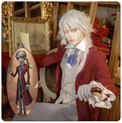 Game Identity V Composer Frederick Kreiburg Cosplay Costume Wig Top Pants Red Tailcoat Uniform Man Halloween Carnival Party Suit