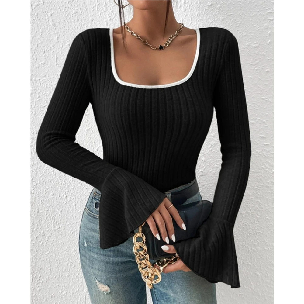 Autumn Fashion Women Colorblock Ribbed U Neck Flare Long Sleeve T Shirts Elegant Femme Skinny Top Fall Clothes 2024 Women