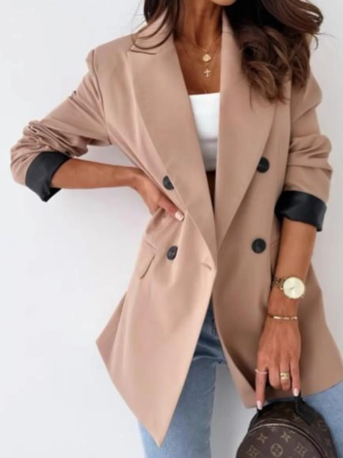 

Classic Double-Breasted Slim Fit Long Sleeve Suit Jacket Street Style Loose Fit Button Detail Regular Thickness Pure Color