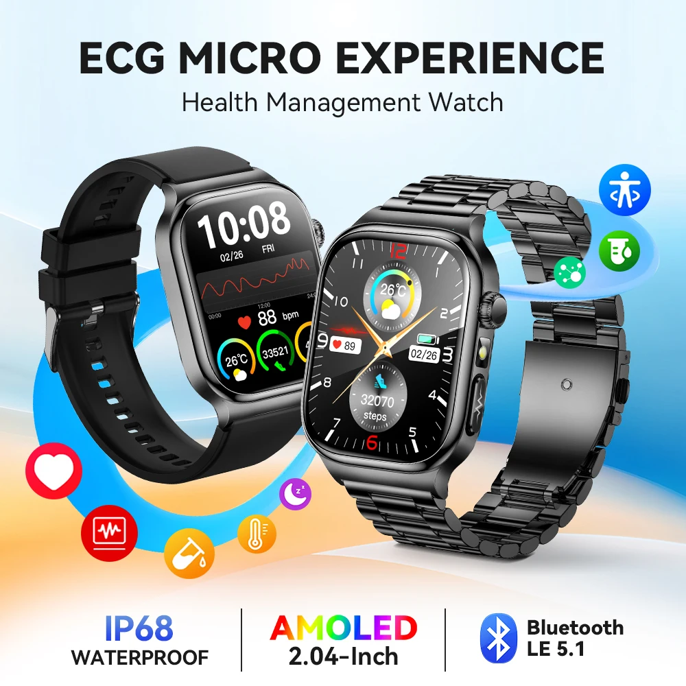 التمريض الصف Smartwatch ECG + PPG الجلد الاختبار الكهربائي ساعة ذكية الدهون الدم تحليل الدم ضغط الدم حمض اليوريك