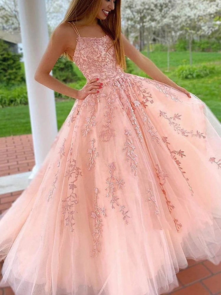 Customized Euramerican Fashion Elegant Sling Prom Party Dresses Exquisite Flower Appliques Slim A-line Evening Gown Cascading Me