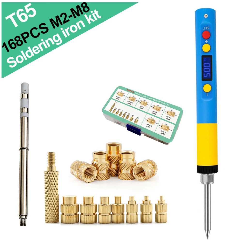 T65 Soldering Iron with 168PCS Brass Heat Insert Nuts m2 m3 m2.5 m4 m5 m6 m8 Thread Heat Set Kit for 3D Print Hot Embedding