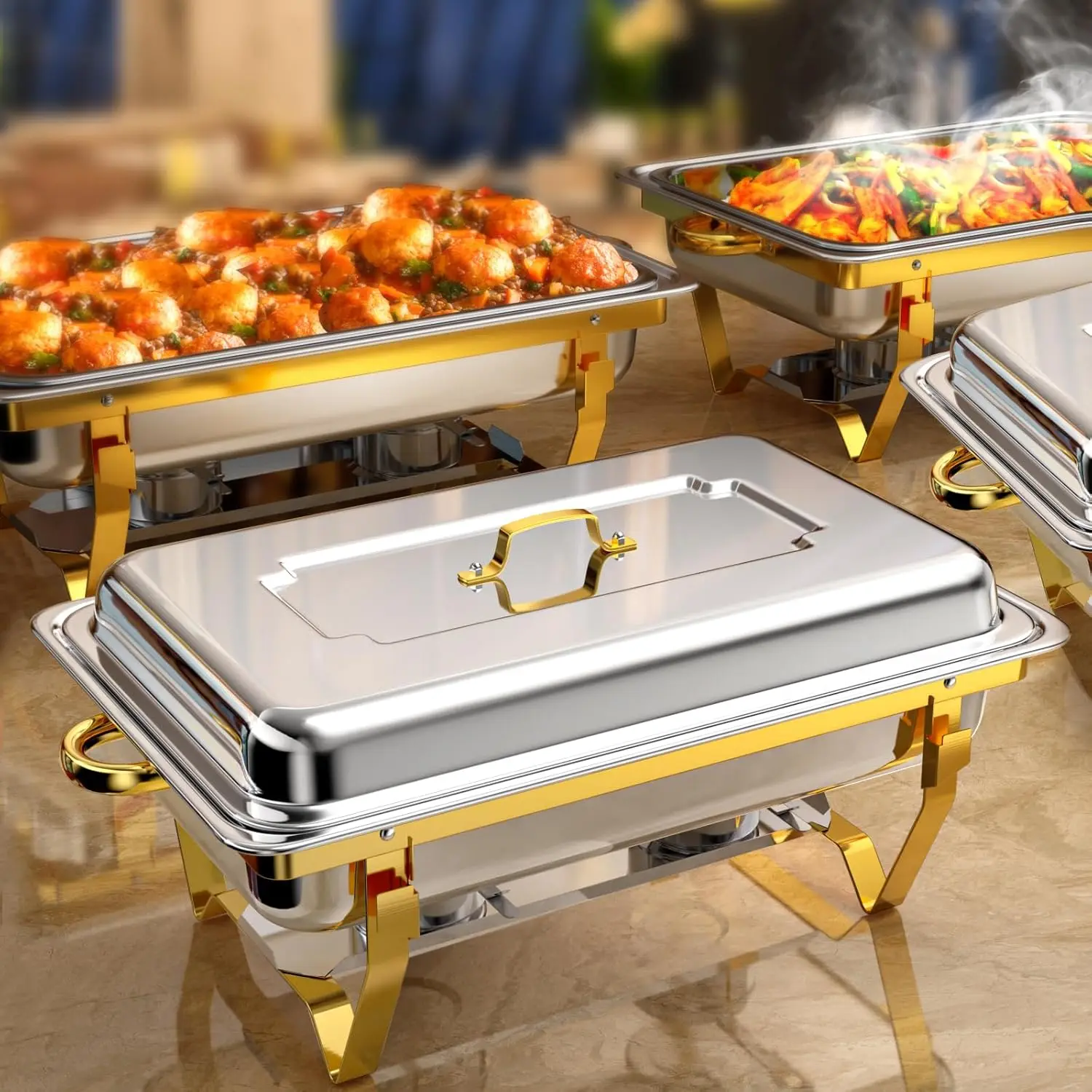 Chafing Dish Buffet Set 6 Pack 8 QT, Stainless Steel Gold Rectangular Buffet Servers and Warmers,Chafers for Catering, Food