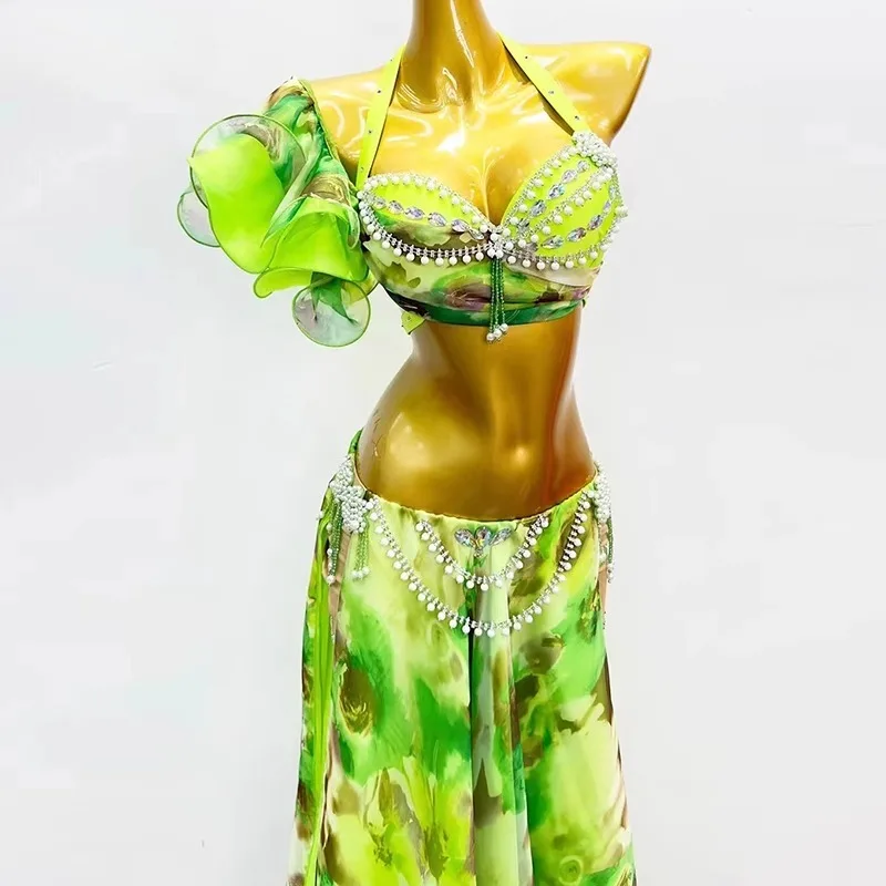 customized belly dance performance costume women oriental print chiffon pearl flower hot stamping bra double slit long skirt set