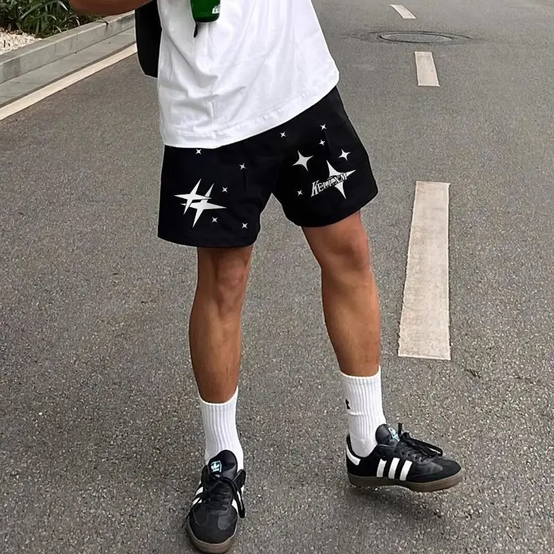 

Retro Street Stars Pure Cotton Printed Casual Shorts Men's Vibe Summer European and American Style Loose Sweatpants