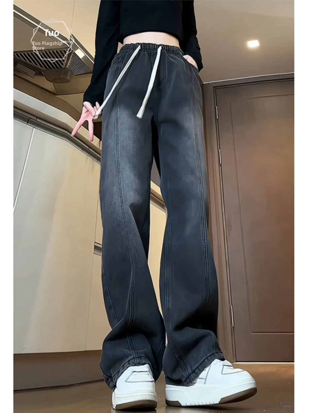 

American Retro Drawstring Jeans Men's Spring 2024 Trendy Loose Straight Leg Wide Leg Long Pants Cool And Handsome