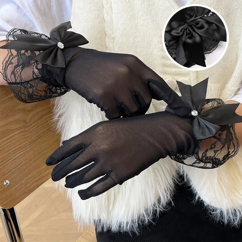 

Women Full Finger Lace Gloves Wedding Bridal Bridesmaid Wrist Mesh Gloves Sexy Summer Breathable Tulle Ribbon Bow Party Mittens