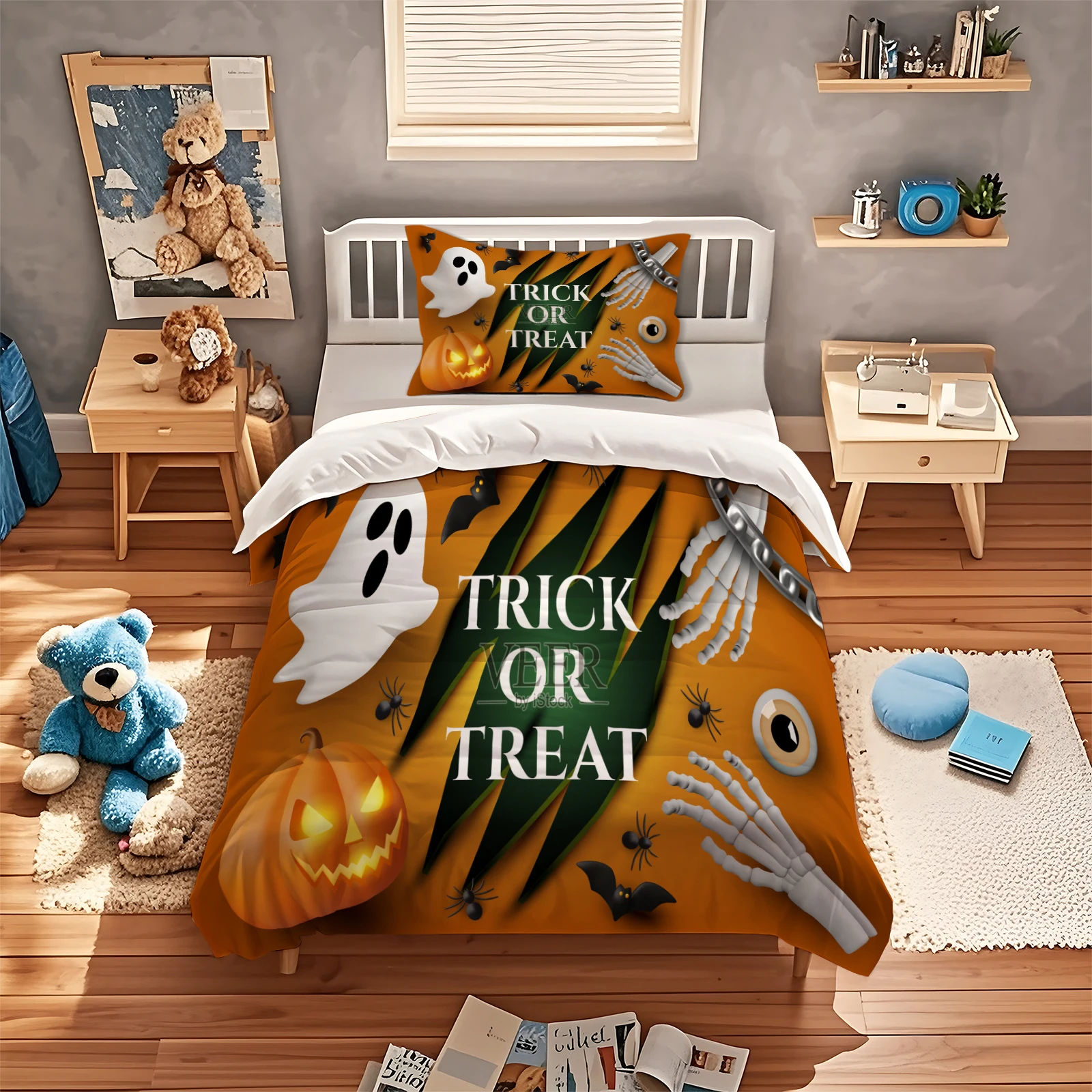 Halloween Duvet Cover Set Trick Or Treat Bedding Set Pumpkin Ghost Skeleton Hand Bat Spider Print Quilt Cover Holiday Bed Set