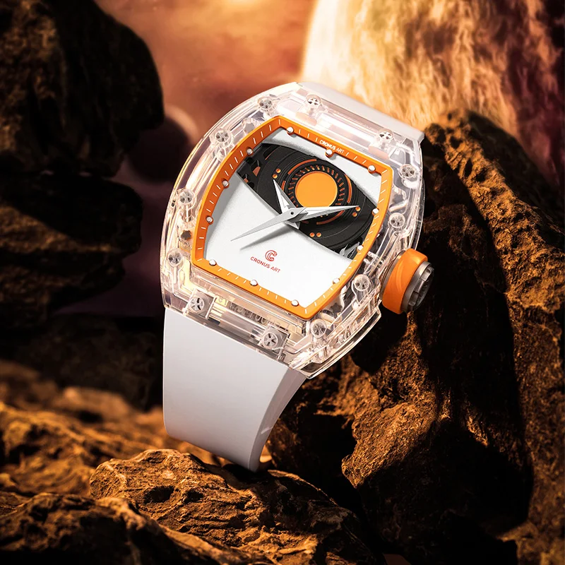 Cronusart-男性用クリスタルウォッチ,自動透かし彫り,Zhurongアイ,ワイン樽,機械式