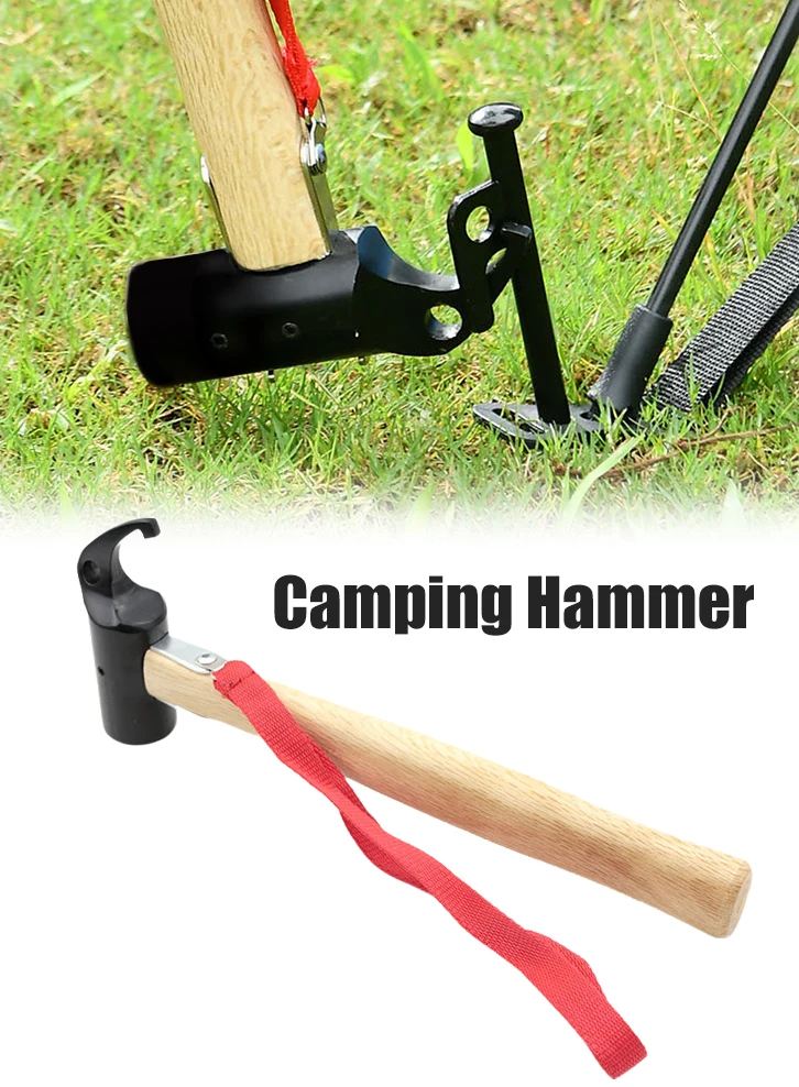 Outdoor Solid Wood Camping Hammer Camp Multifunctional Ground Nail Hammer Nail Puller Iron Hammer Head Portable Camping Tools