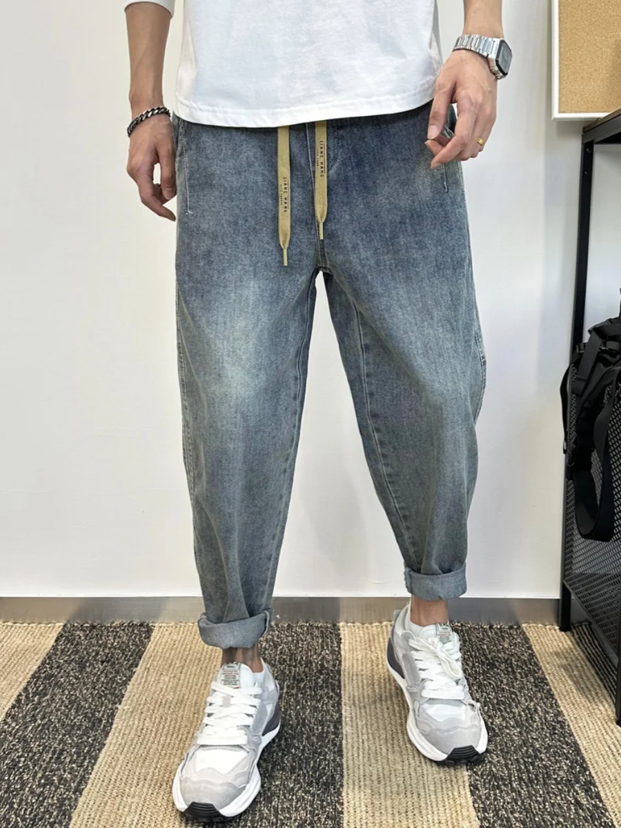 

Retro American Denim Jeans Men's Spring Trendy Loose Drawstring Workwear Casual Versatile Elastic Waist Nine-Piece Pants