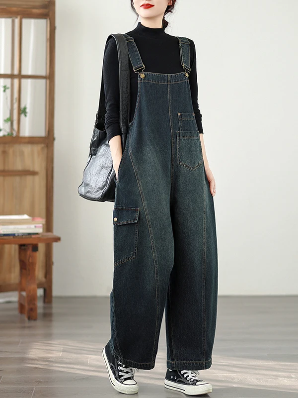 Losse artistieke dames denim overall herfst 2022, nieuwe Sle groot formaat katoen polyester mix l taille jeansbroek