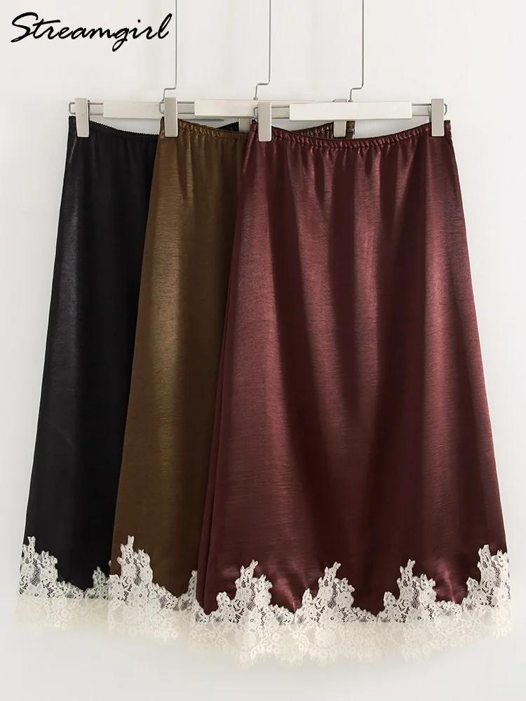 

Streamgirl Zipper Satin Maxi Skirt With Lace Brown For Women Office Shine Skirts A Line Patchwork Lace Midi Satin Skirt Burgundy