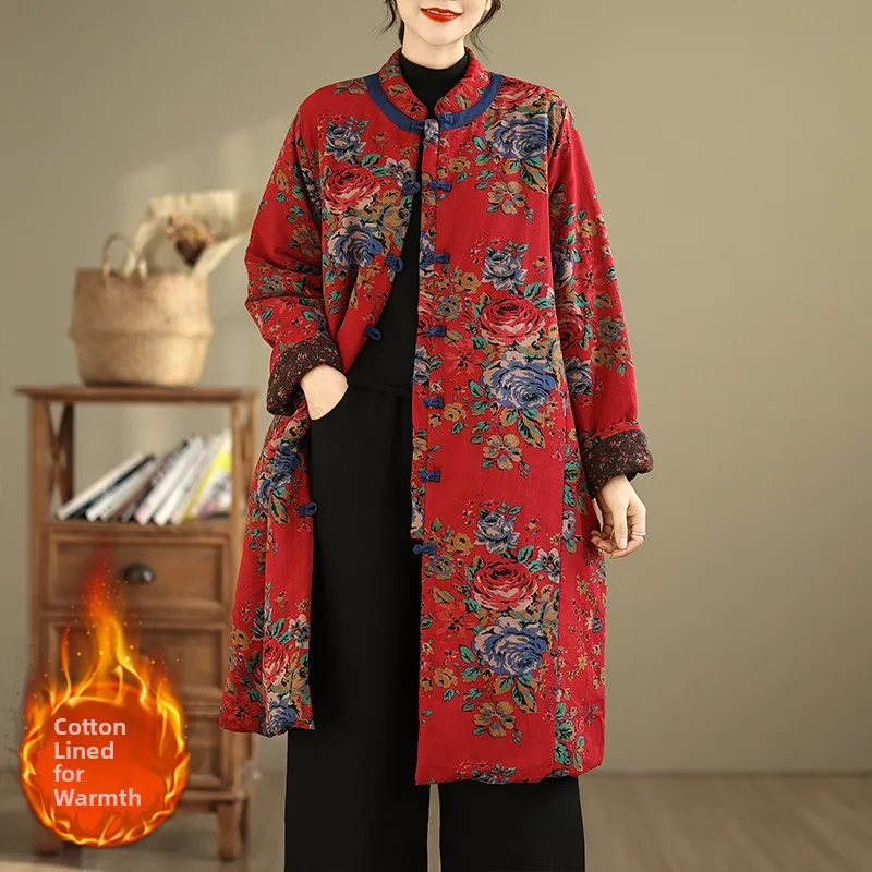 Thickened Cotton Jacket Retro Chinese Ethnic Style Buttoned Mid-Length Warm Coat Women's Commute Loose Fit Long Sleeve Coat