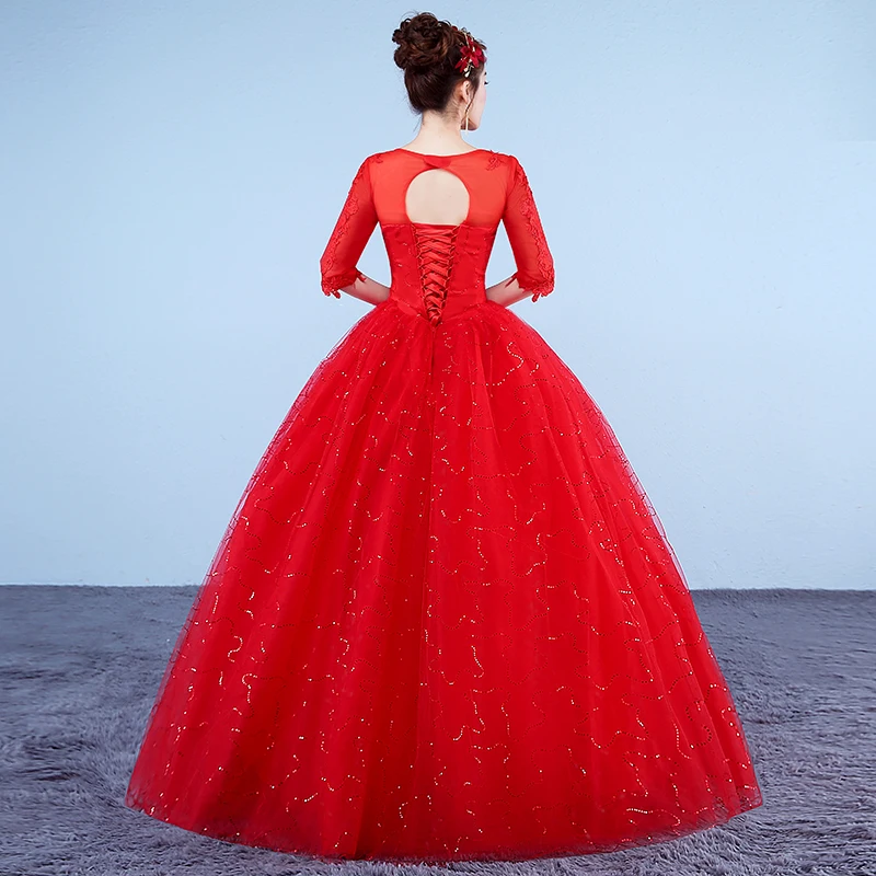 AnXin SH princess red flower lace vintage party o neck half sleeve ball gown sparkly red lace ball gown customized wedding dress