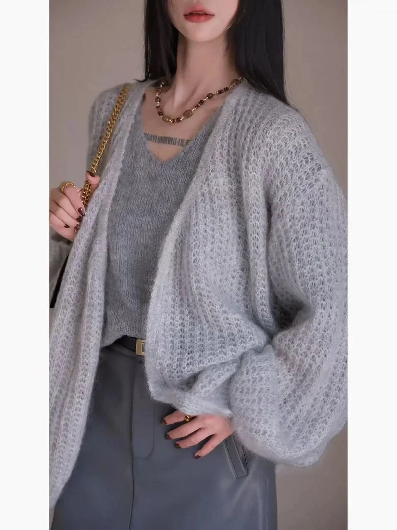 

KINSE YUN Lazy Hollow out Camere Sweater Soft Loose Women's Cardigan Autumn Winter Faion Comfortable Long Sve Top