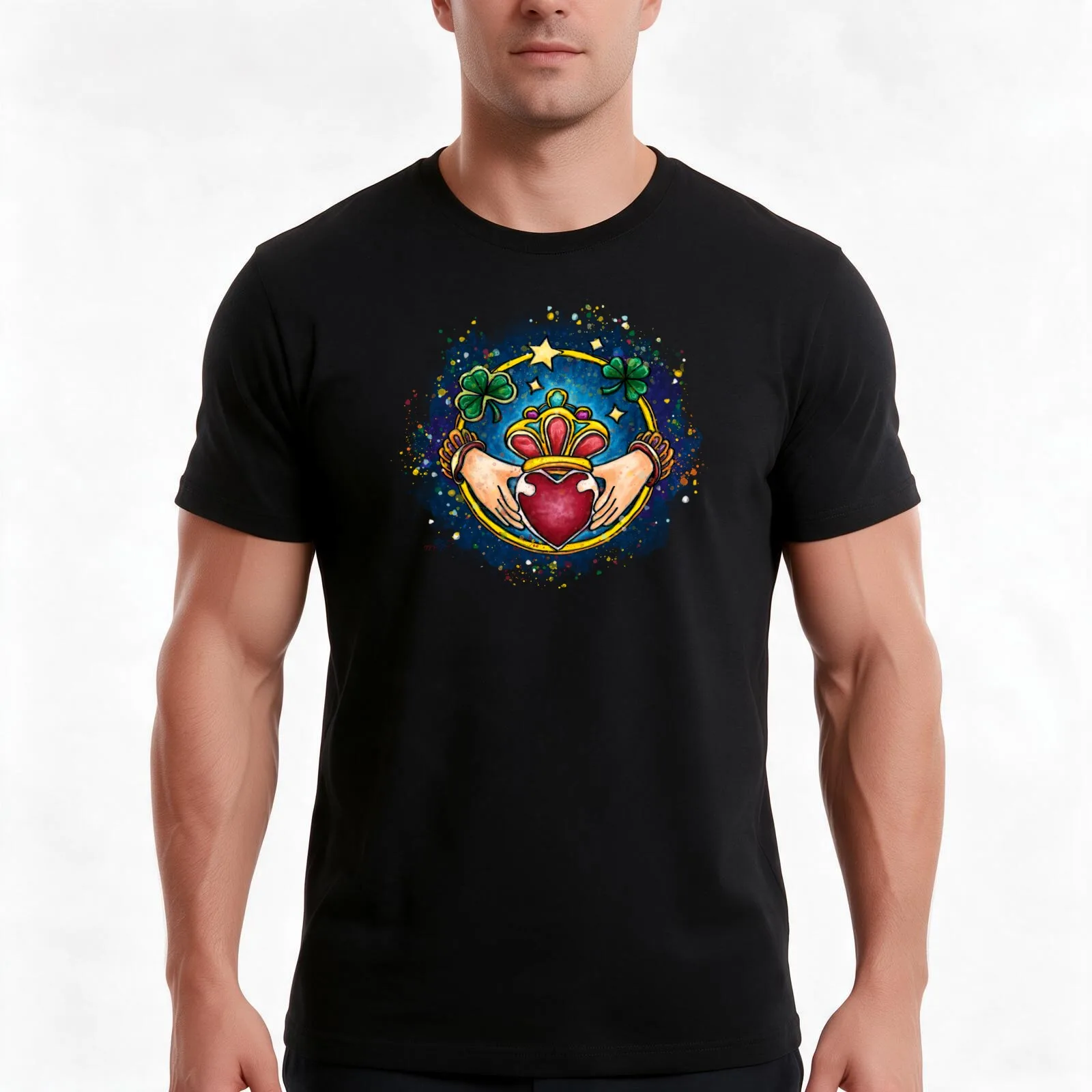 Claddagh ring with bright colors, love loyalty and friendship symbol T-Shirt, Summer Casual Cotton Tee, Vintage Graphic Print