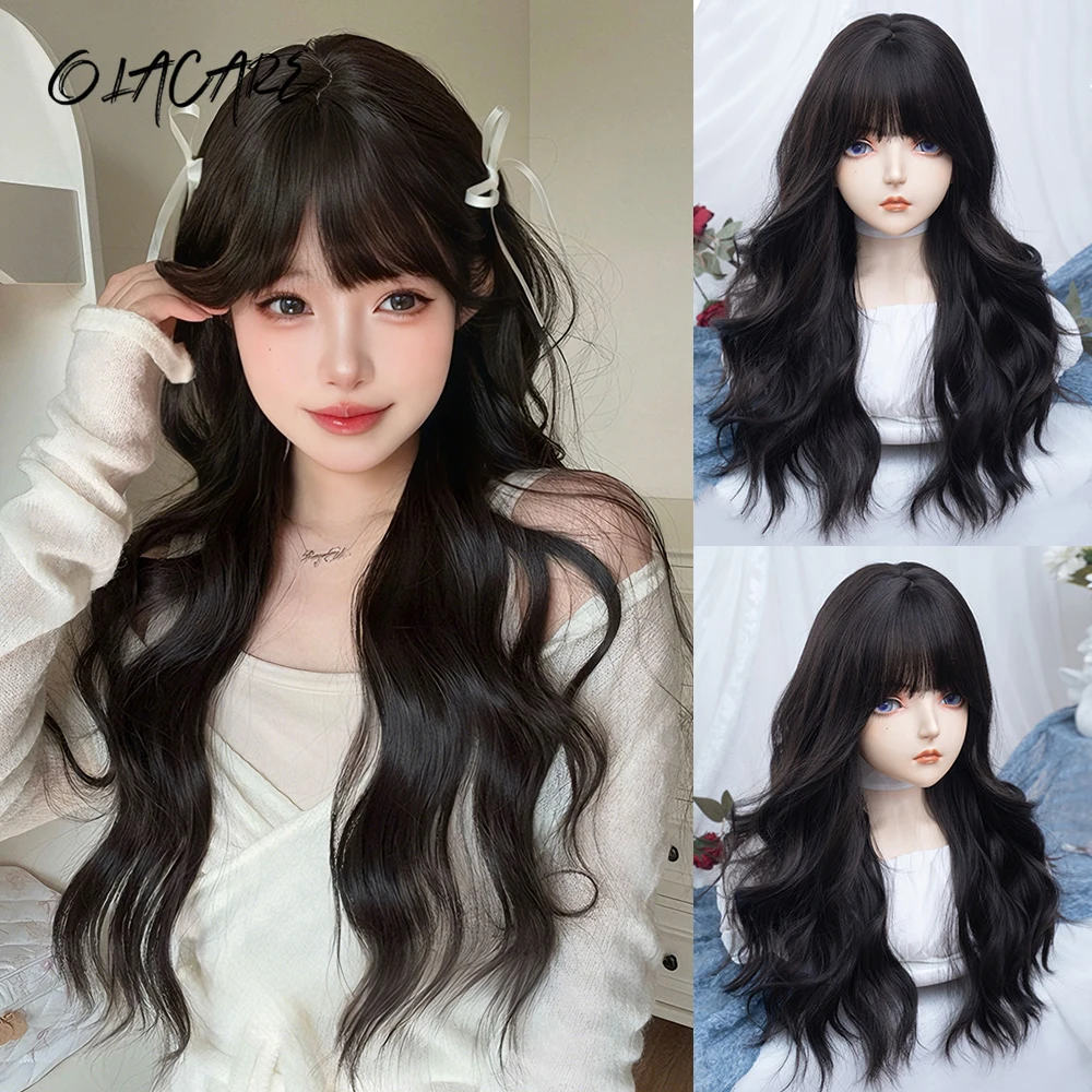 

OLACARE Synthetic Long Curly Wavy Natural Hair Wig Brown Blonde Glod Wavy Wigs for Women with Bangs Daily Cosplay Heat Resistant