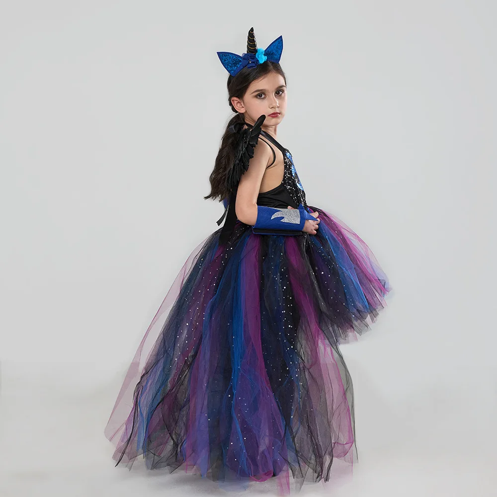 Elegant Black Tulle Gown with Wing Decor And Hair Ornament Fluffy Tiered Princess Style Mesh Dress for Party Outfit