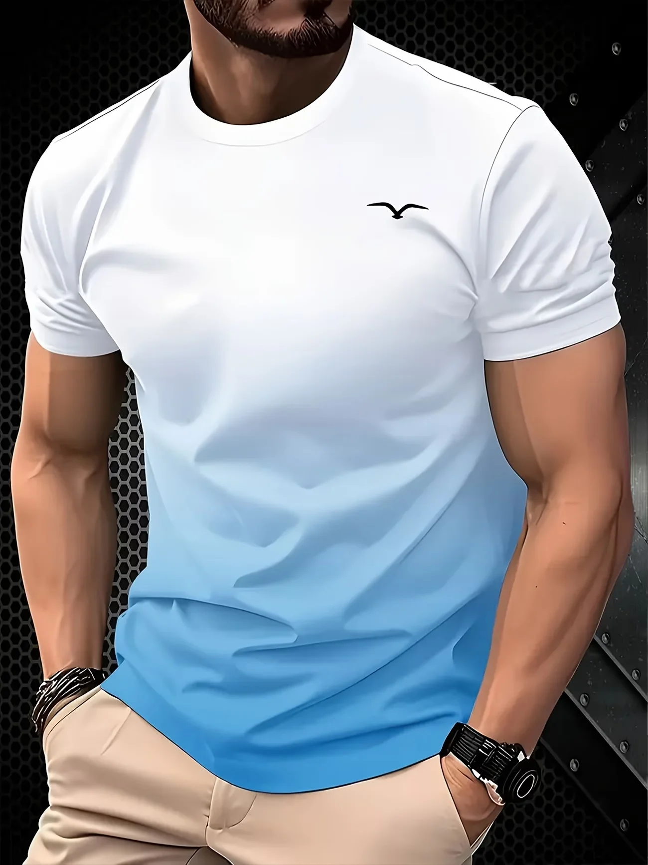 Men's Summer Luxury Gradient 3D Print T-Shirt, Turquoise Gold Swirl Wave Abstract Pattern, Crew Neck Short Sleeve, Breathable & - Image 4
