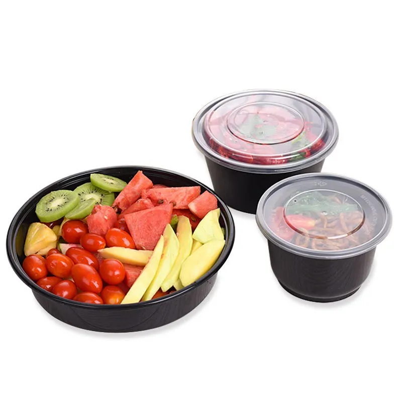 Custom 300 Sets Black Injection Molded Round Bowls Straight Containers with Plastic Transparent Lids Disposable Takeou