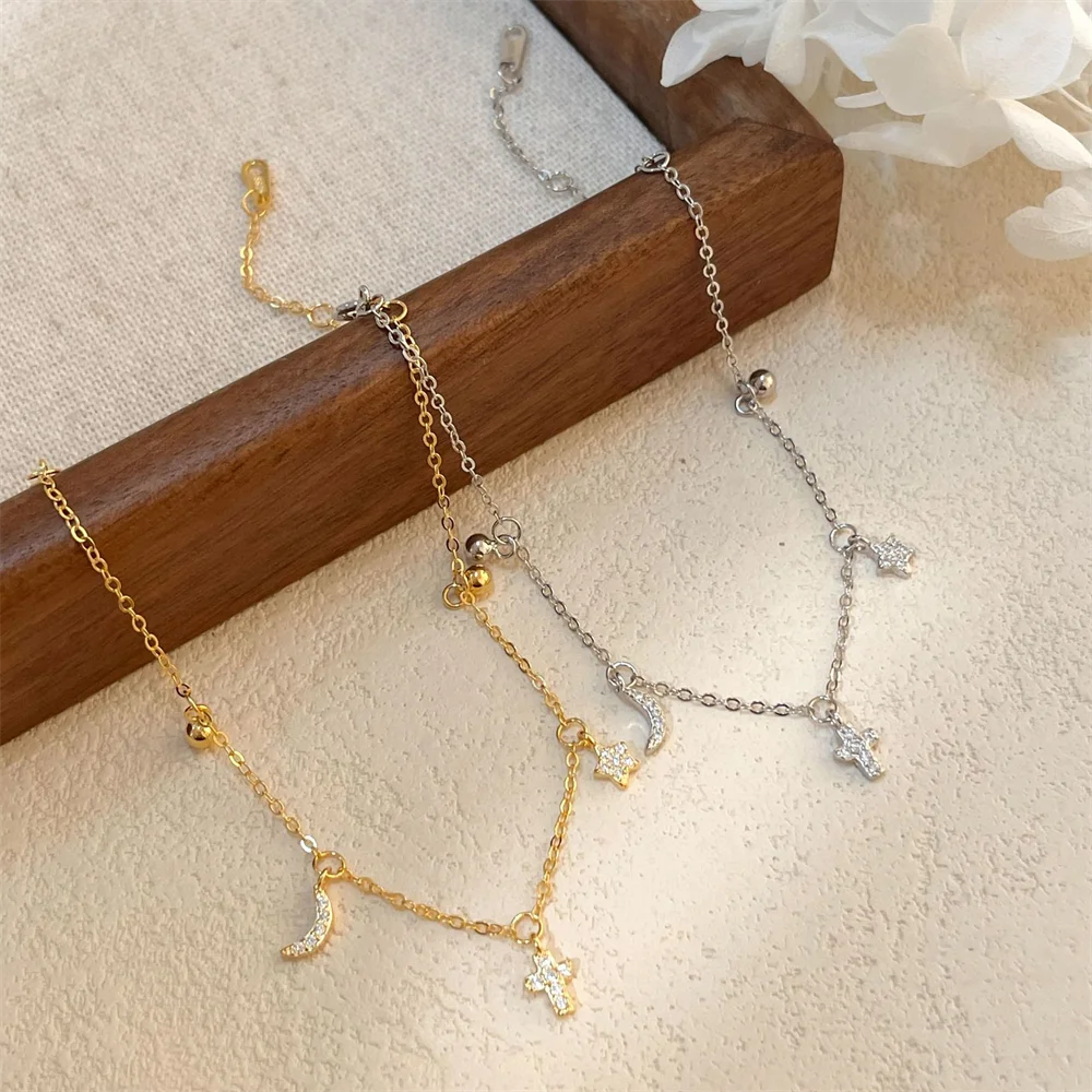 

7. Korean Niche Star and Moon Cross Bracelet, S925 Sterling Silver Plated 18K Gold, Premium Vibe Jewelry for Women