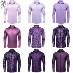 Hi-Tie Lilac Mauve Lavender Purple Silk Mens Shirts Lapel Long Sleeve Dress Shirt Jacquard Blouse for Male Wedding Business Prom