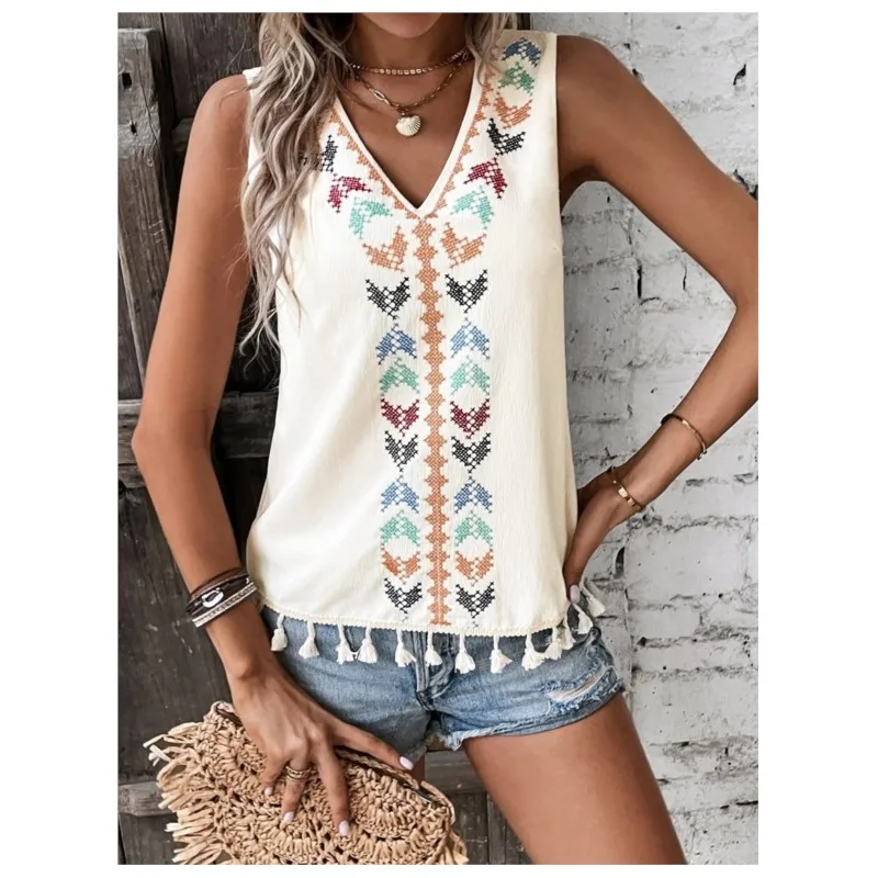 Women's Summer Ethnic Style V-neck Embroidered Patchwork Bottom Mustache Vest Top Vintage Sleeveless Blouse Tank Tops 2025